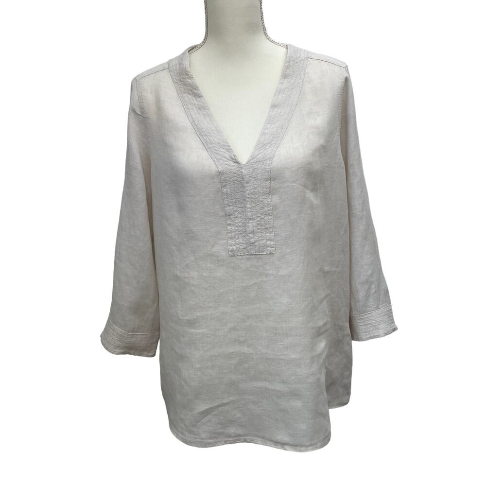 SIGRID OLSEN Top M Beige Oatmeal 100% Linen Preppy Coastal Beachy Resort Wear
